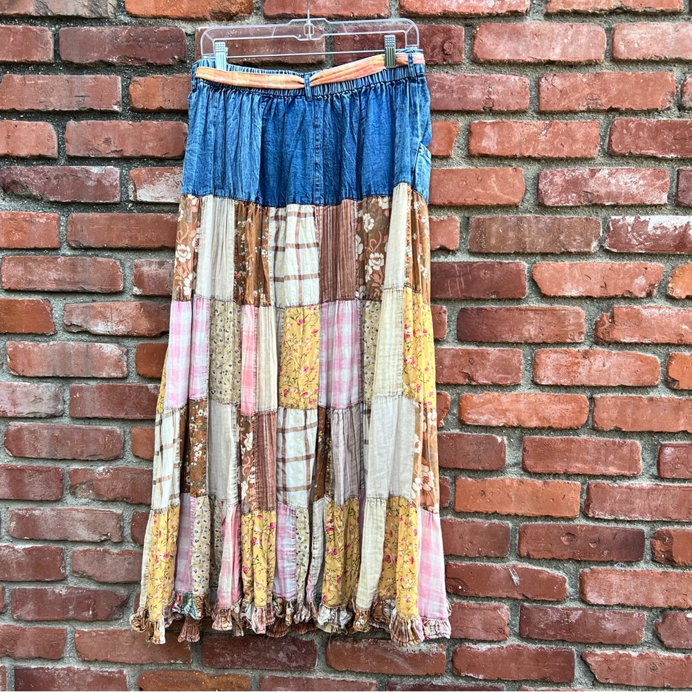 Young Threads Boho Patchwork Ruffled Denim Prairie Skirt - Picture 4 of 8